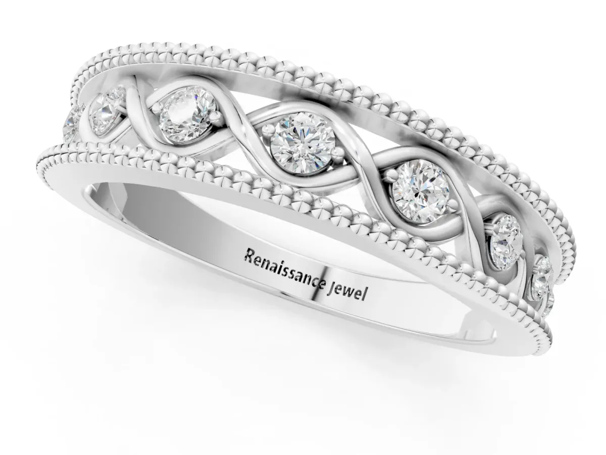 Round Diamond Twist Milgrain Band with Bezel Setting White gold