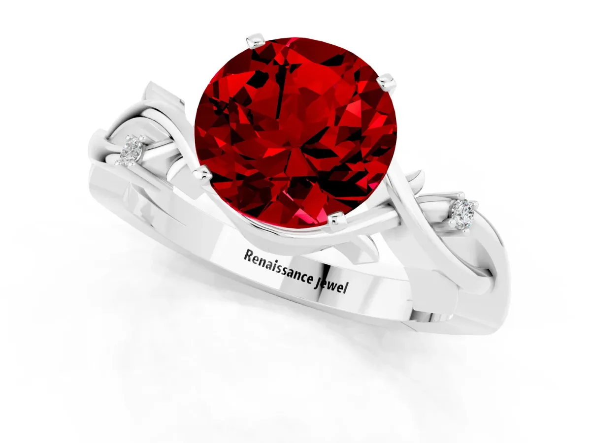 Round Cut Ruby Solitaire Ring with Twisted Band and Prong Setting Platinum