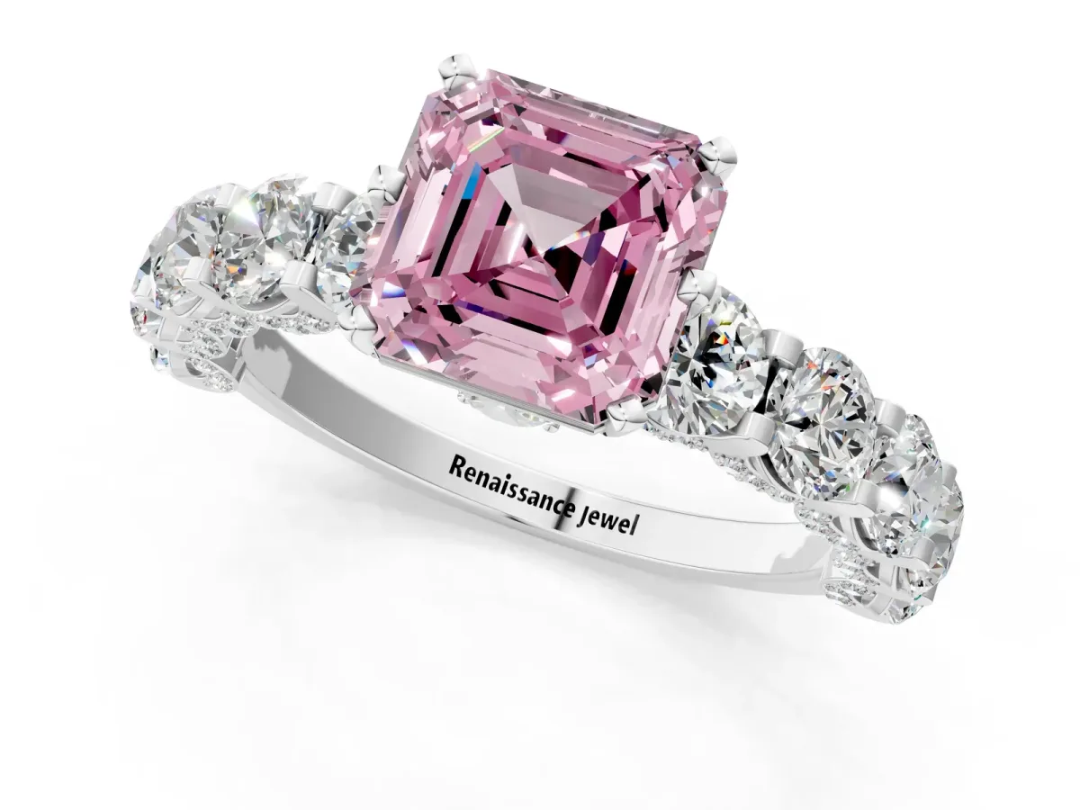 Fancy Pink Asscher Cut Diamond Side Stone Engagement Ring with Four-Prong Setting White gold