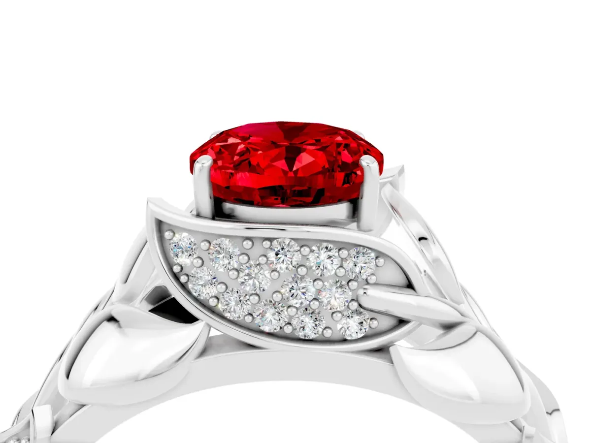 Oval Cut Ruby Leaf-Inspired Engagement Ring with Round Accents and Prong Setting Platinum