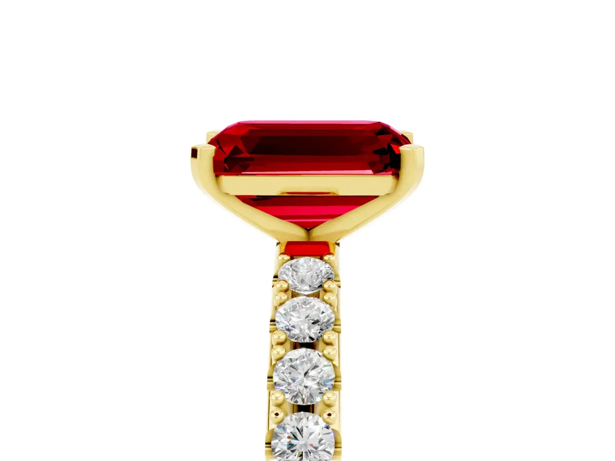 Emerald Cut Ruby Solitaire Pavé Band with Four-Prong Setting Yellow gold