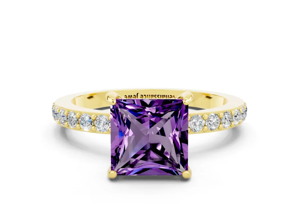 Princess Cut Amethyst Solitaire Engagement Ring with Pavé Band and Four-Prong Setting Yellow gold