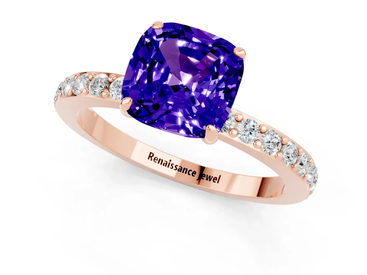 Cushion Cut Tanzanite Solitaire Engagement Ring with Pavé Band and Four-Prong Setting Rose gold