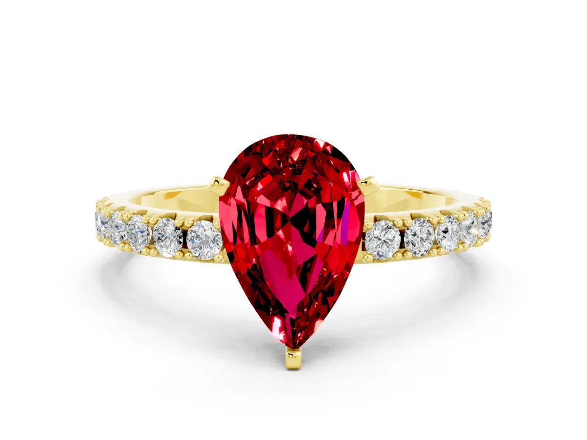 Pear Cut Ruby Solitaire Pavé Band with Four-Prong Setting Yellow gold