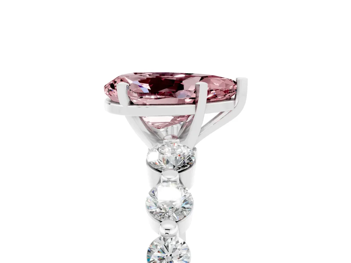 Pear Cut Solitaire Morganite Ring with Pave Band and Four-Prong Setting Silver