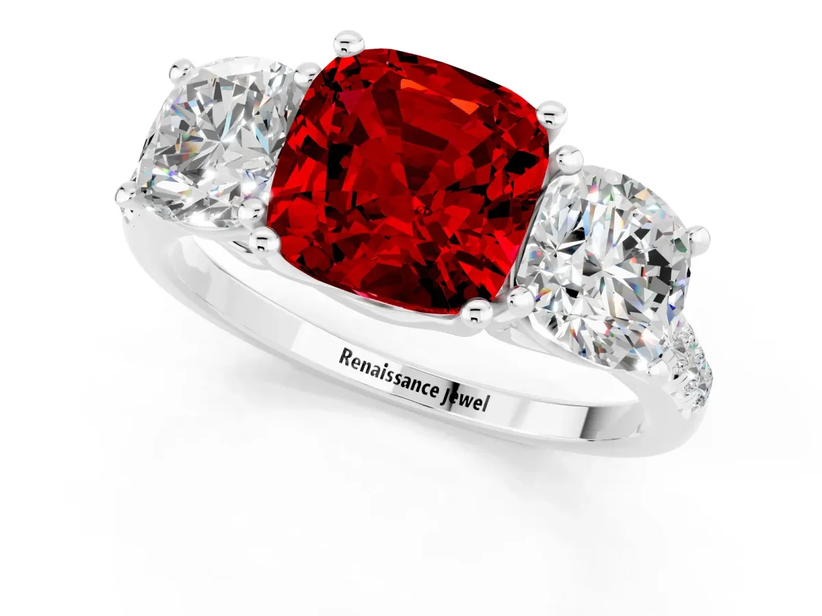 Three-Stone Cushion Cut Ruby Ring with Round Pavé Band and Prong Setting Platinum