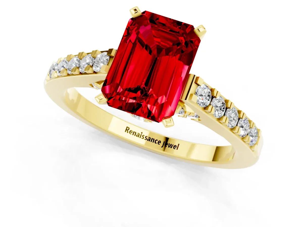 Emerald Cut Ruby Solitaire Ring with Crossover Gallery and Round Pavé Band Yellow gold