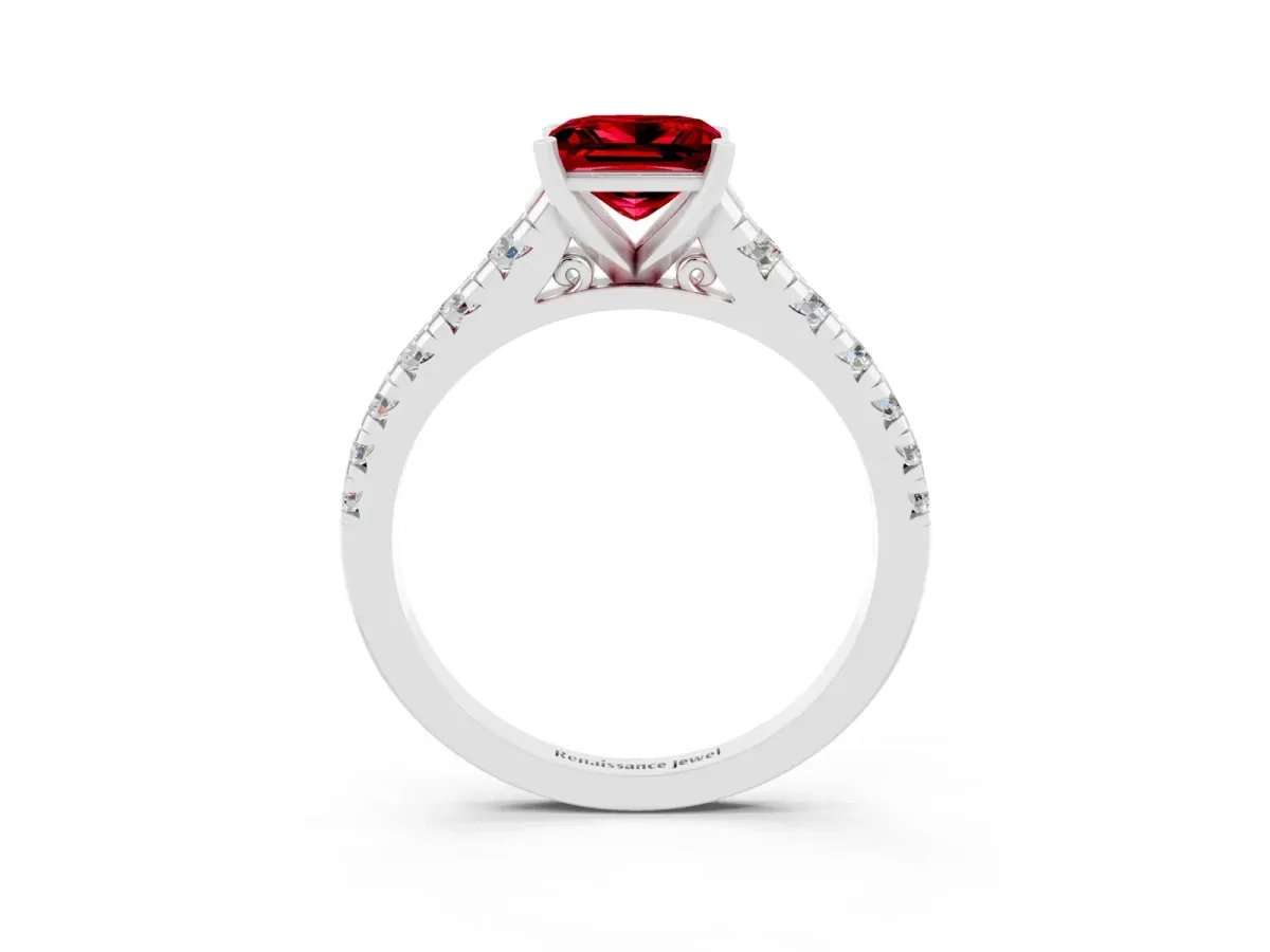 Princess Cut Ruby Cathedral Solitaire Ring with Round Pavé Band White gold
