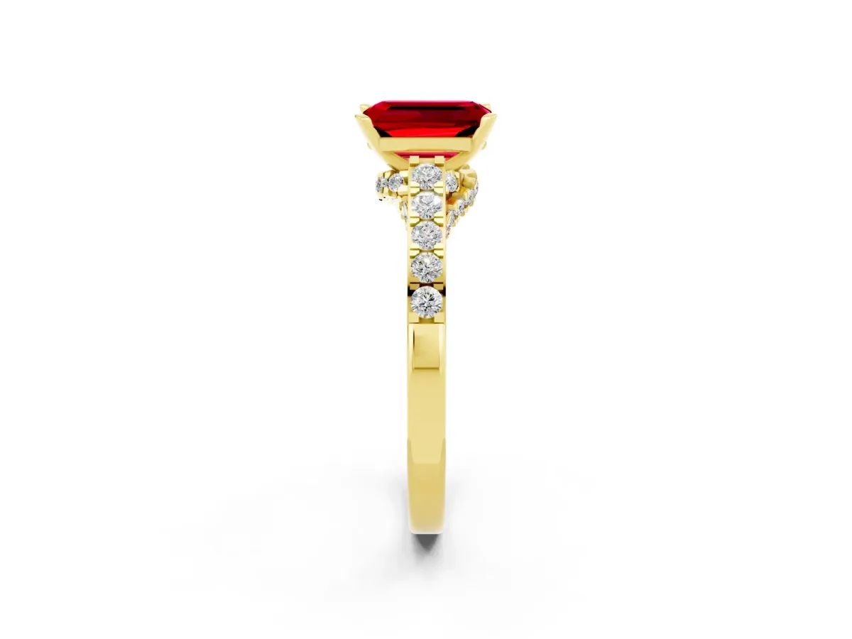 Emerald Cut Ruby Solitaire Ring with Crossover Gallery and Round Pavé Band Yellow gold