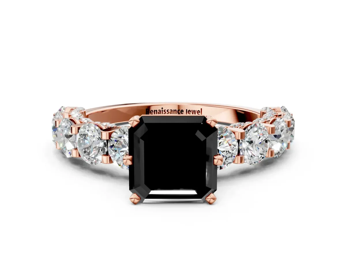 Fancy Black Asscher Cut Diamond Side Stone Engagement Ring with Four-Prong Setting Rose gold