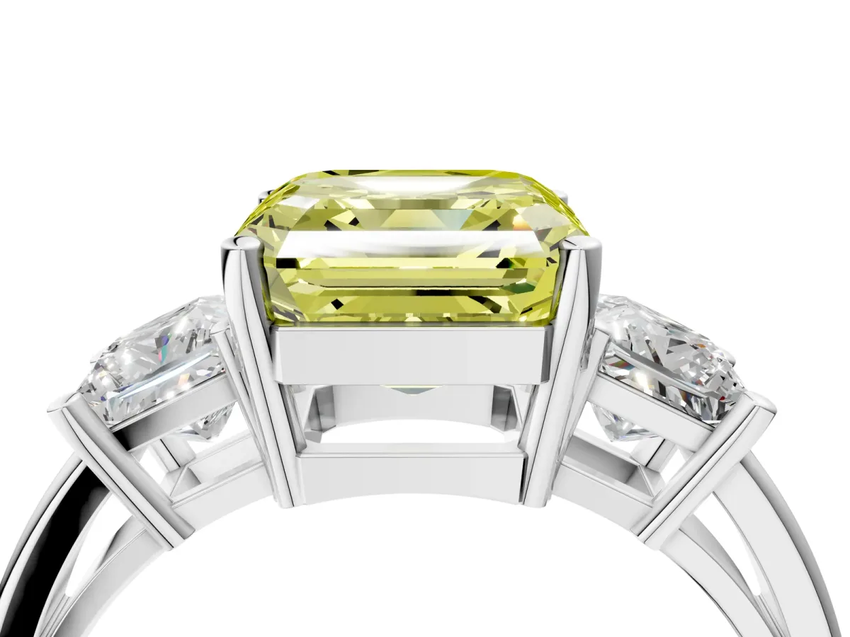 Fancy Yellow Three-Stone Asscher Cut Cut Solitaire Ring with Prong Setting Platinum