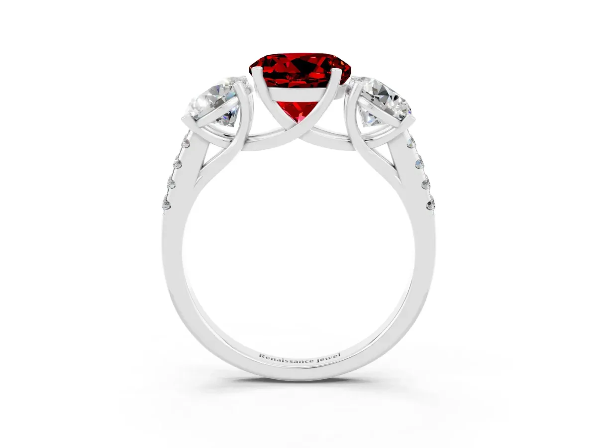 Three-Stone Round Cut Ruby Ring with Round Pavé Band and Prong Setting Silver