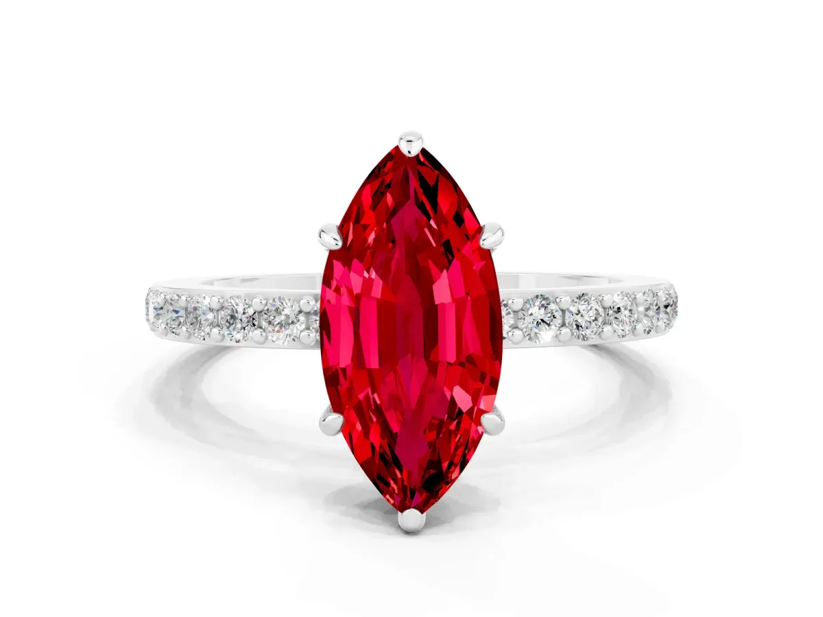 Marquise Cut Ruby Solitaire Engagement Ring with Pavé Band and Four-Prong Setting Platinum