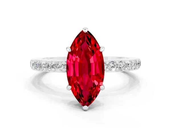 Marquise Cut Ruby Solitaire Engagement Ring with Pavé Band and Four-Prong Setting Platinum