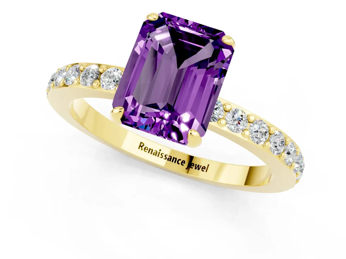 Emerald Cut Amethyst Solitaire Engagement Ring with Pavé Band and Four-Prong Setting Yellow gold