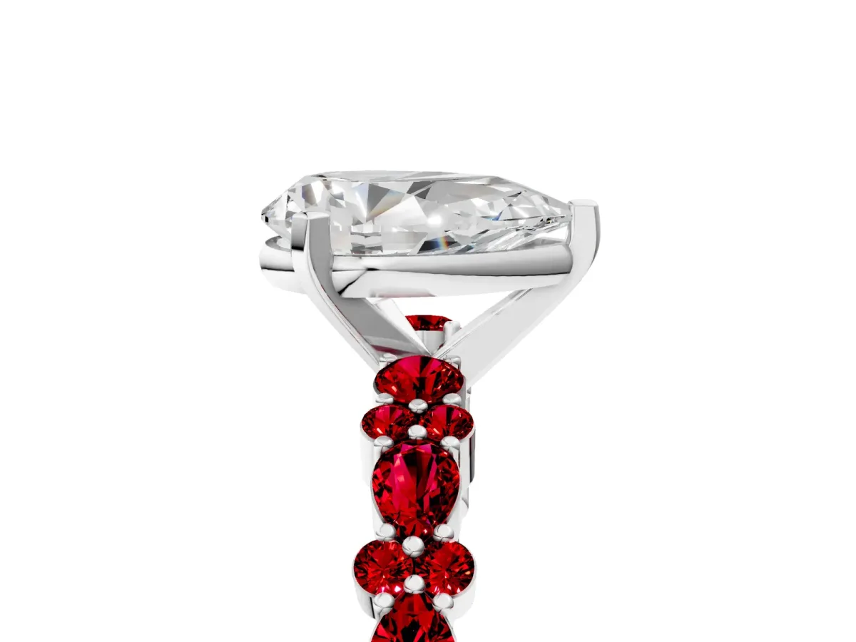 Pear Cut Diamond Side Stone Solitaire Ring with Round Ruby and Four-Prong Setting Silver