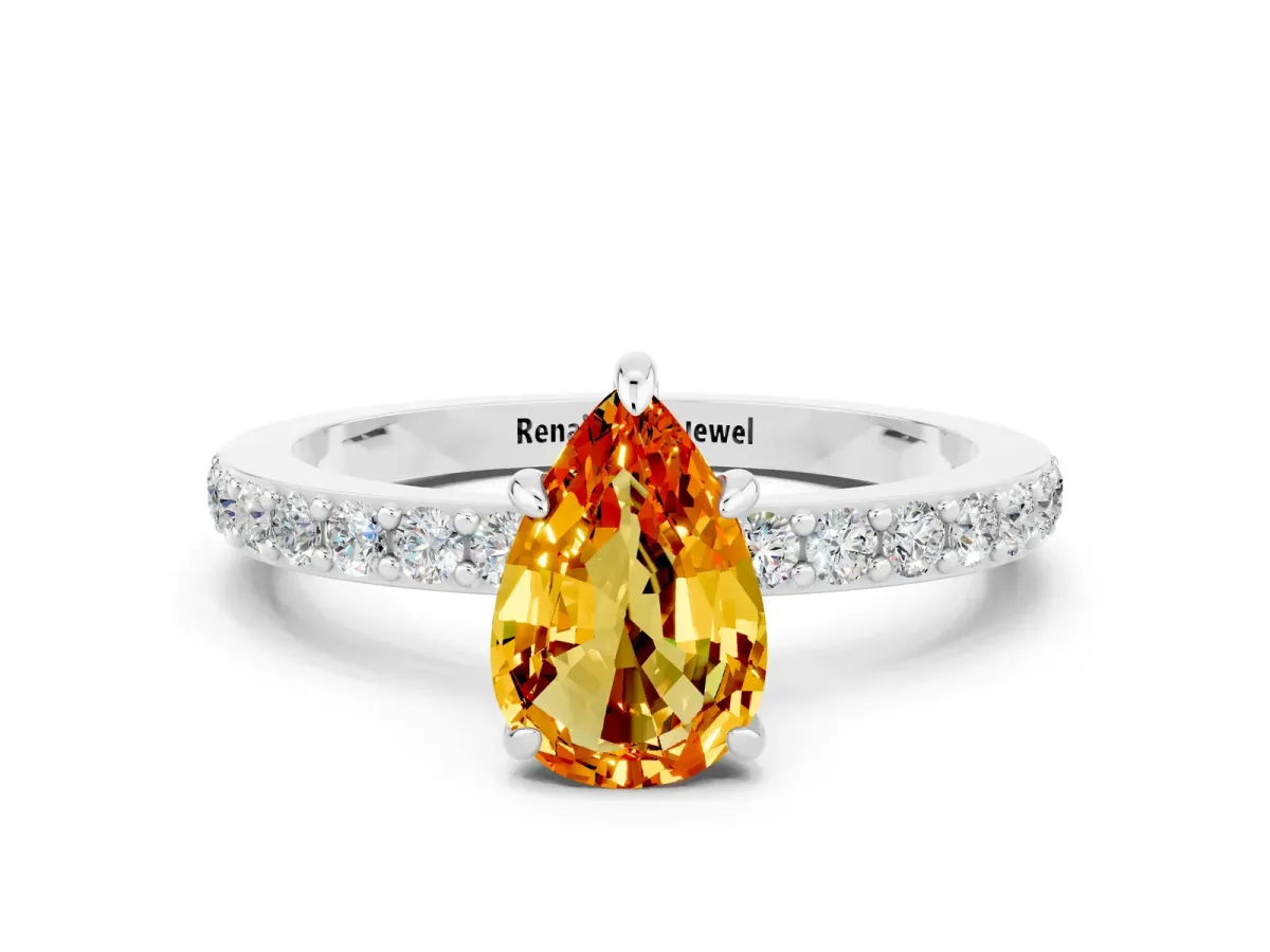 Pear Cut Citrine Solitaire Engagement Ring with Pavé Band and Four-Prong Setting White gold