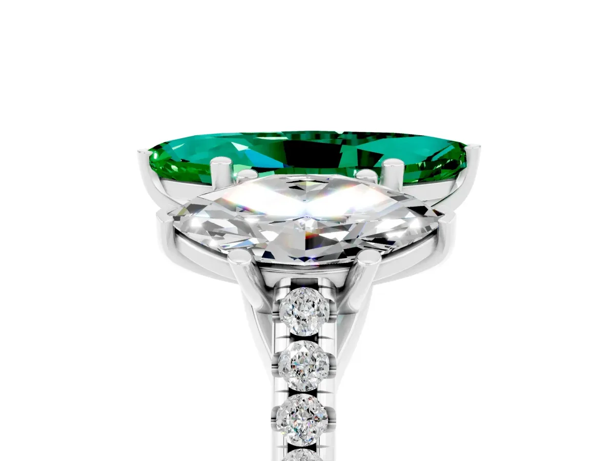 Three-Stone Marquise Cut Emerald Ring with Round Pavé Band and Prong Setting Platinum