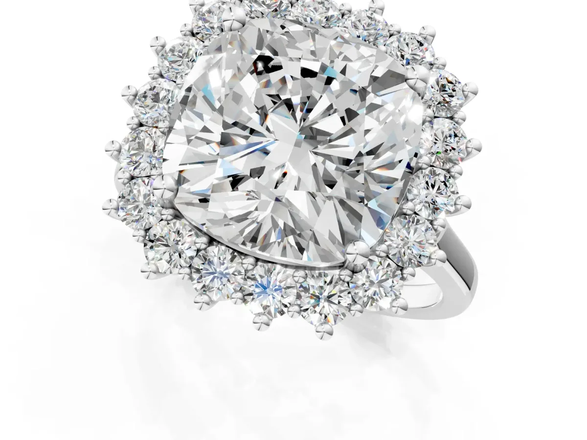 Cushion Diamond Halo Engagement Ring with Round Diamond Accents White gold