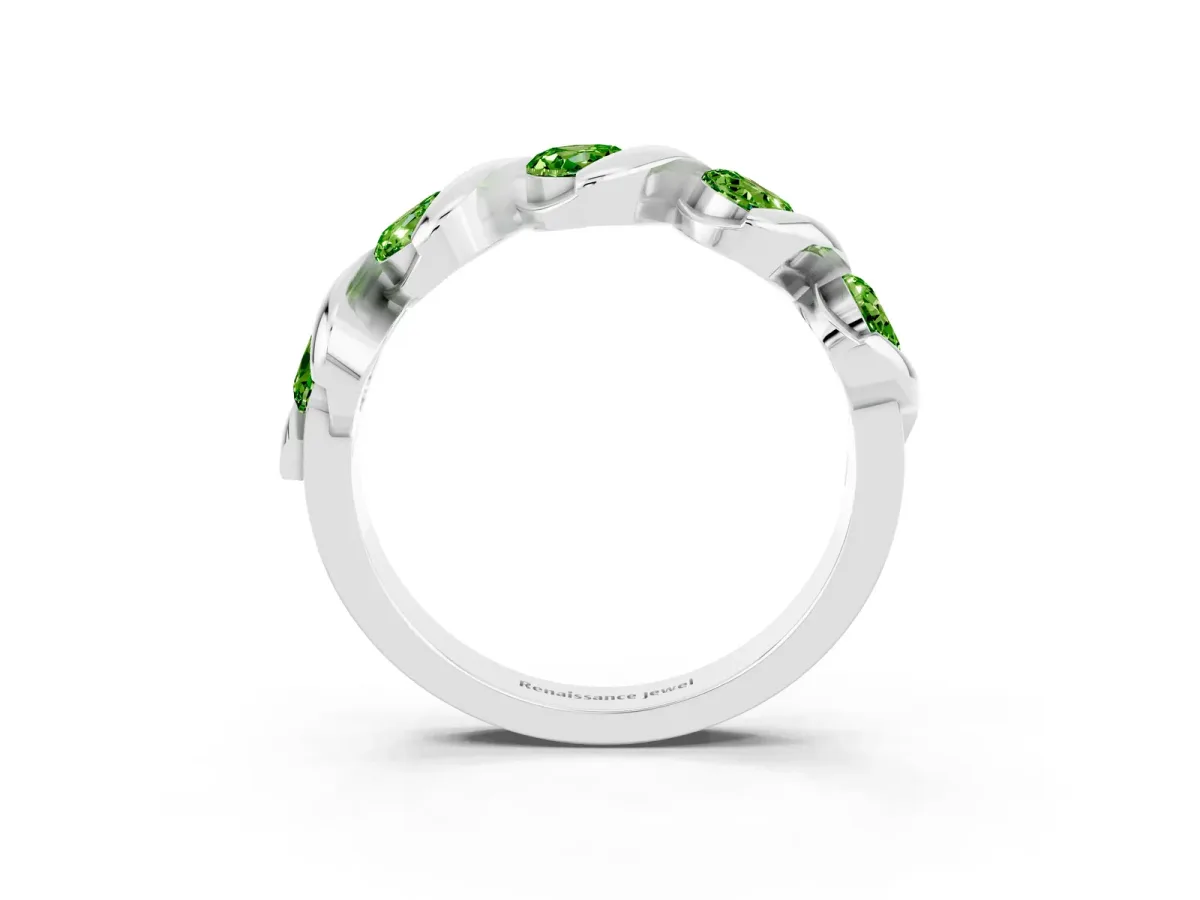 Round Peridot Wave Band with Channel Setting and Shared Prongs Silver