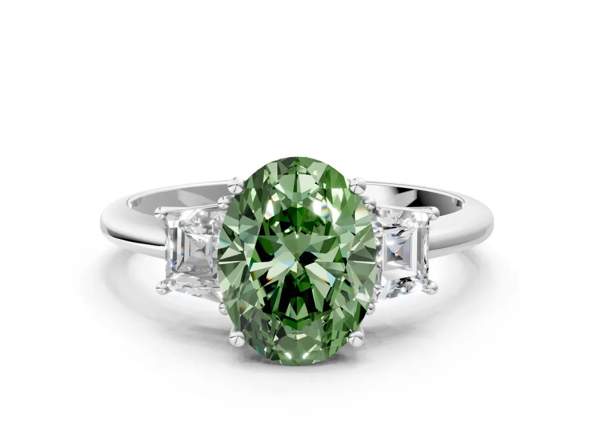 Fancy Green Oval Cut Diamond Three-Stone Ring with Trapezoid Side Stones and Prong Setting Silver