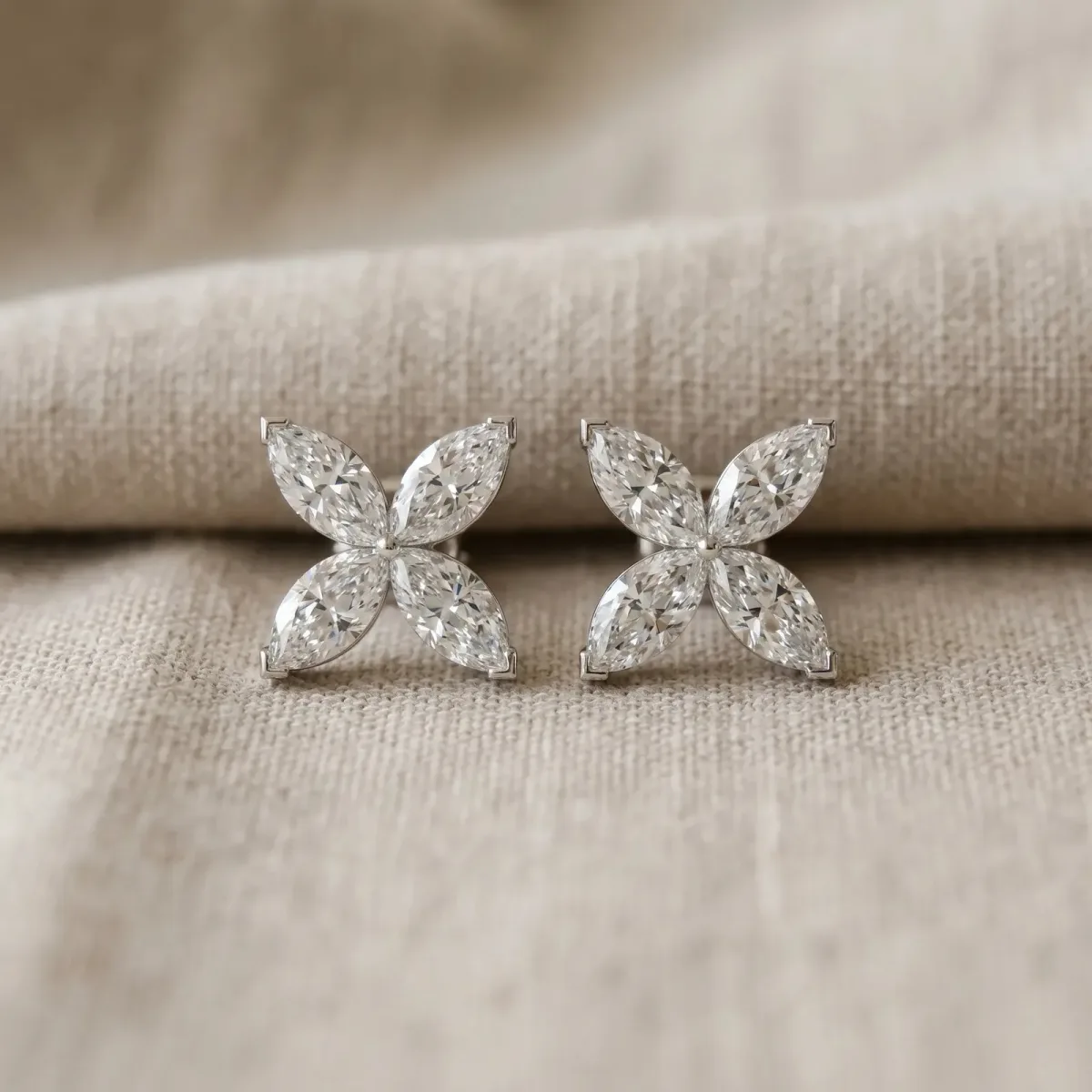 Marquise Cut Diamond Flower Stud Earrings Silver