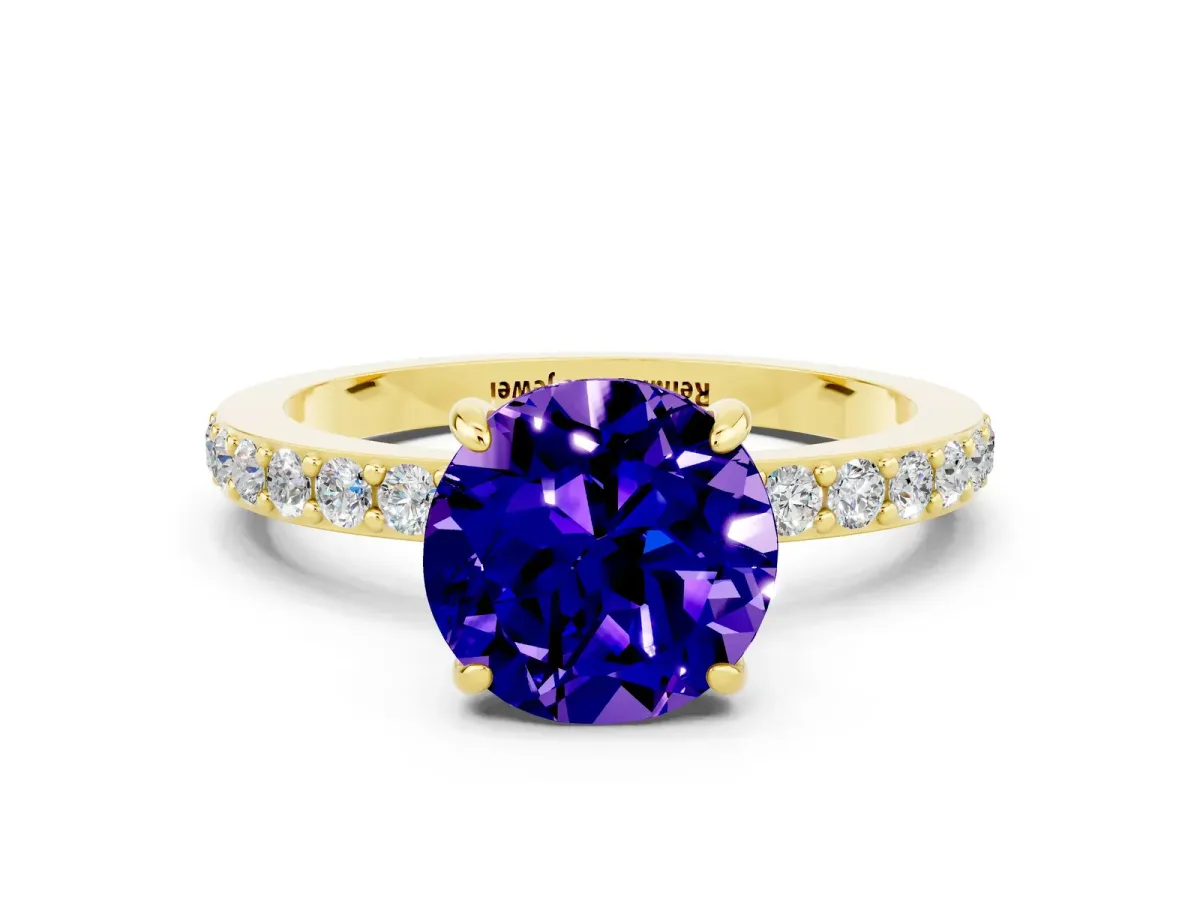 Round Cut Tanzanite Solitaire Engagement Ring with Pavé Band and Four-Prong Setting Yellow gold