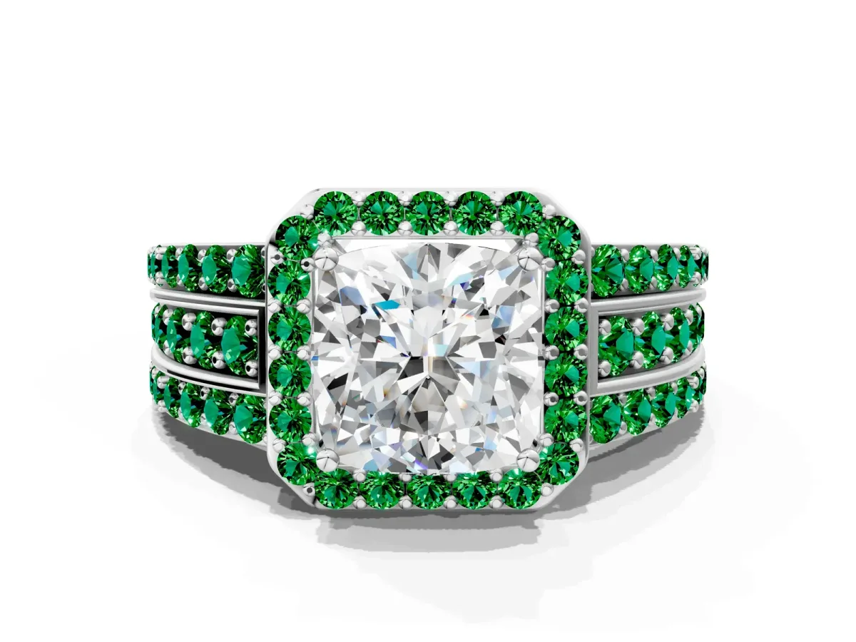 Cushion Cut Halo Diamond Ring with Round Emerald Split Shank and Prong Setting Silver