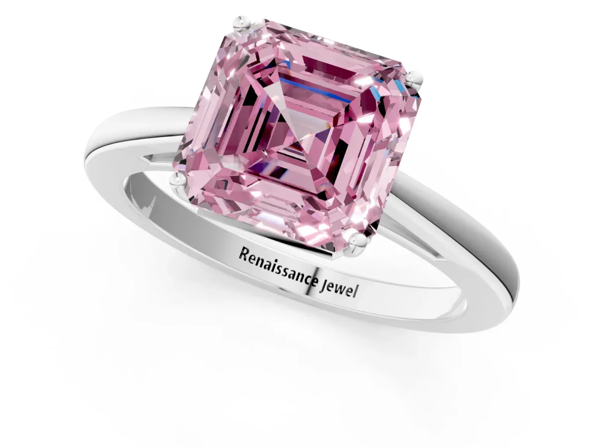 Fancy Pink Asscher Cut Solitaire Diamond Ring with Split Shank and Four-Prong Setting Platinum