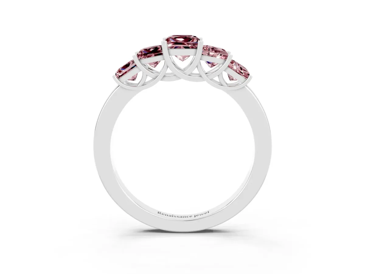Princess Cut Five-Stone Morganite Ring with Classic Prong Setting Platinum