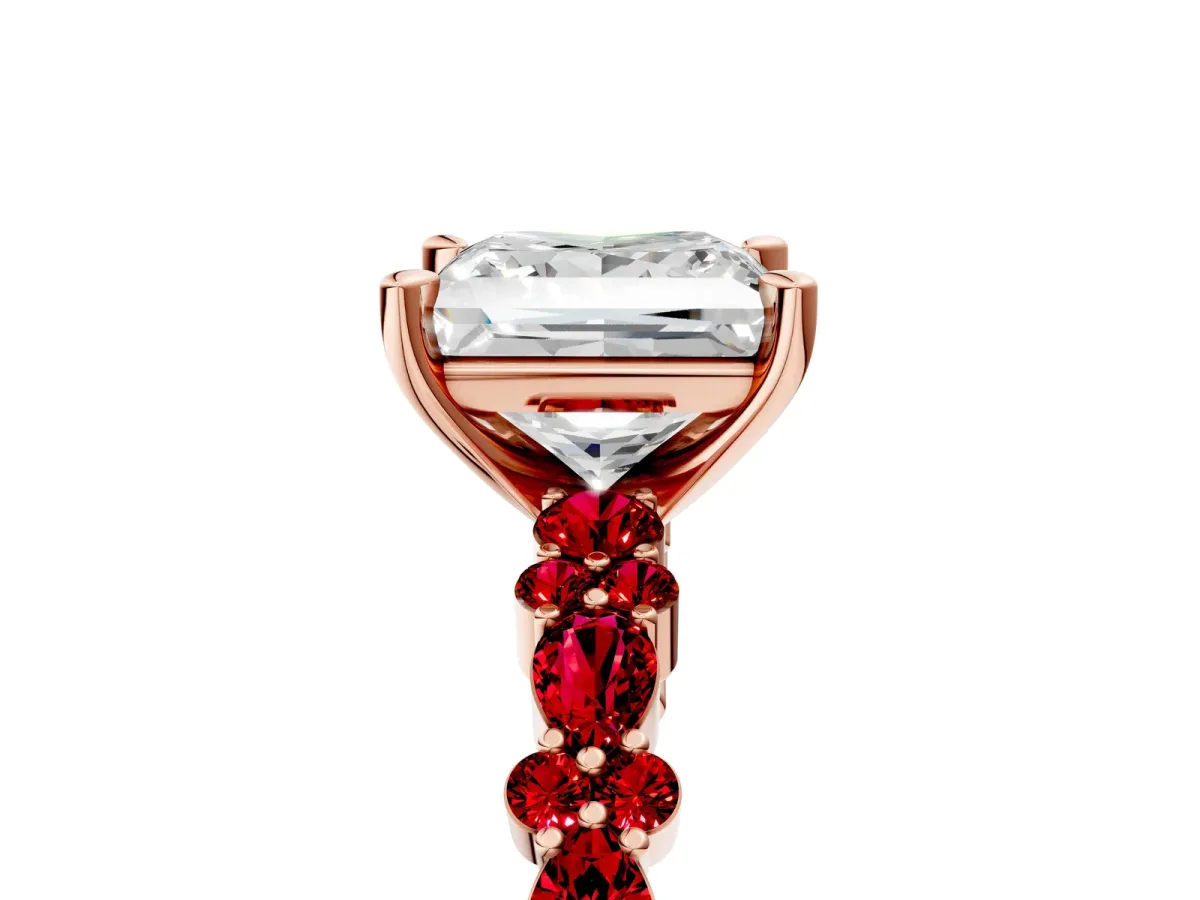 Princess Cut Diamond Side Stone Solitaire Ring with Round Ruby and Four-Prong Setting Rose gold