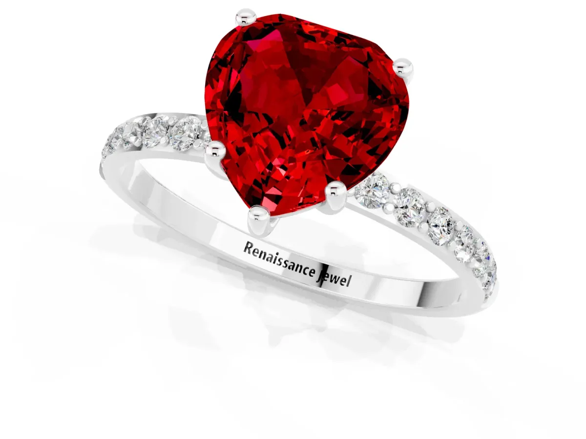Heart Cut Ruby Solitaire Ring with Round Pavé Band and Prong Setting Silver