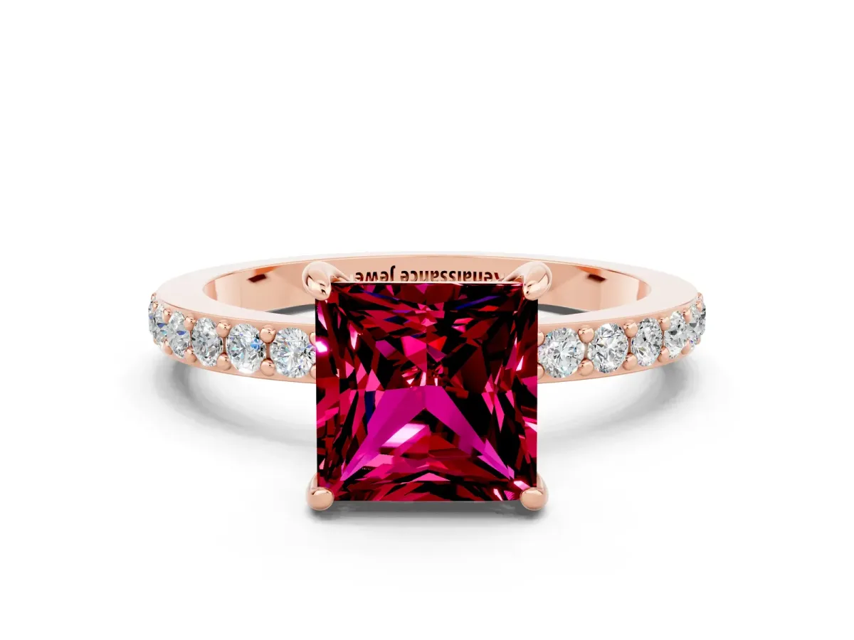 Princess Cut Garnet Solitaire Engagement Ring with Pavé Band and Four-Prong Setting Rose gold