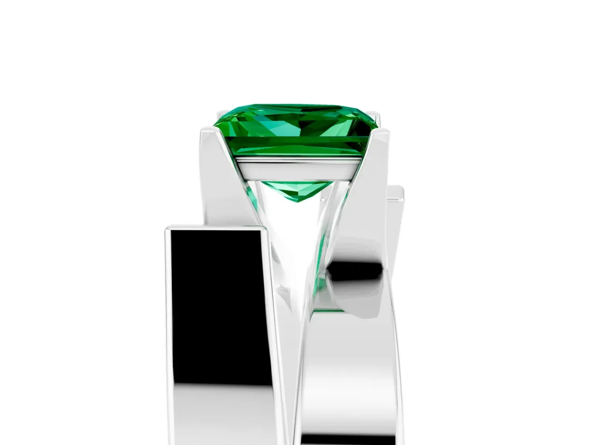 Modern Tension Set Princess Cut Emerald Solitaire Wide Band Ring Silver