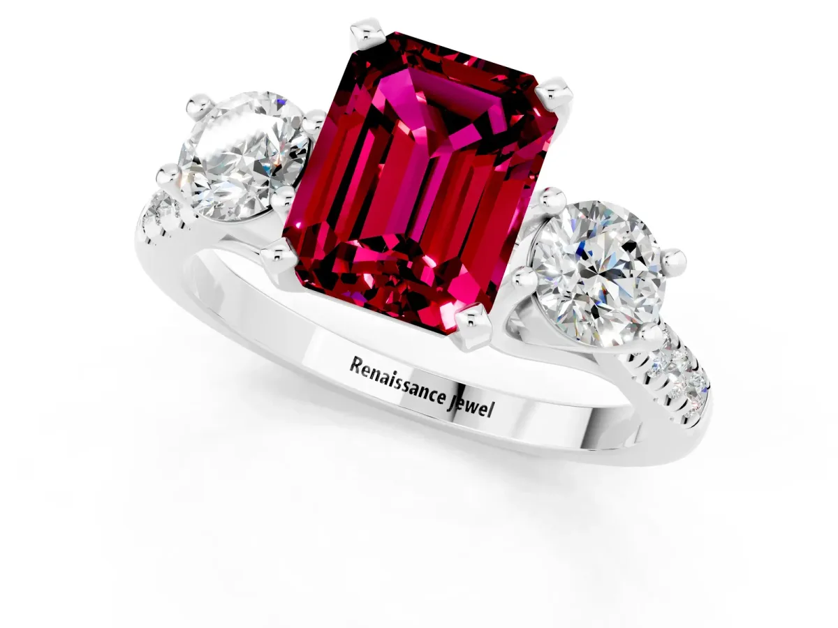 Three-Stone Emerald Cut Garnet Pavé Band with Four-Prong Setting Silver