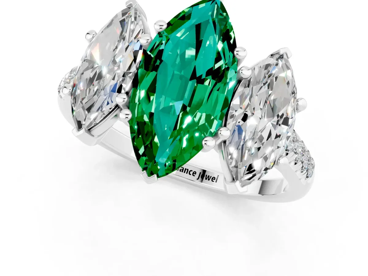 Three-Stone Marquise Cut Emerald Ring with Round Pavé Band and Prong Setting Platinum