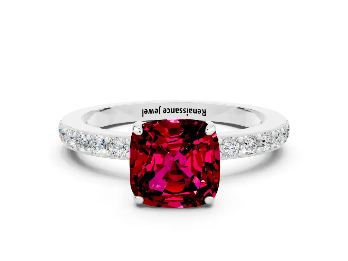 Cushion Cut Garnet Solitaire Engagement Ring with Pavé Band and Four-Prong Setting White gold