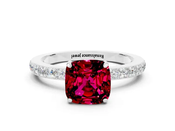 Cushion Cut Garnet Solitaire Engagement Ring with Pavé Band and Four-Prong Setting Platinum