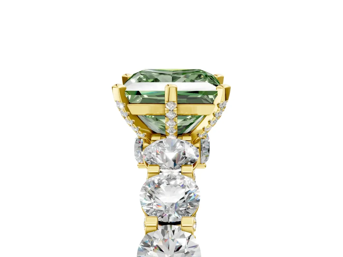 Fancy Green Princess Cut Diamond Side Stone Engagement Ring with Four-Prong Setting Yellow gold