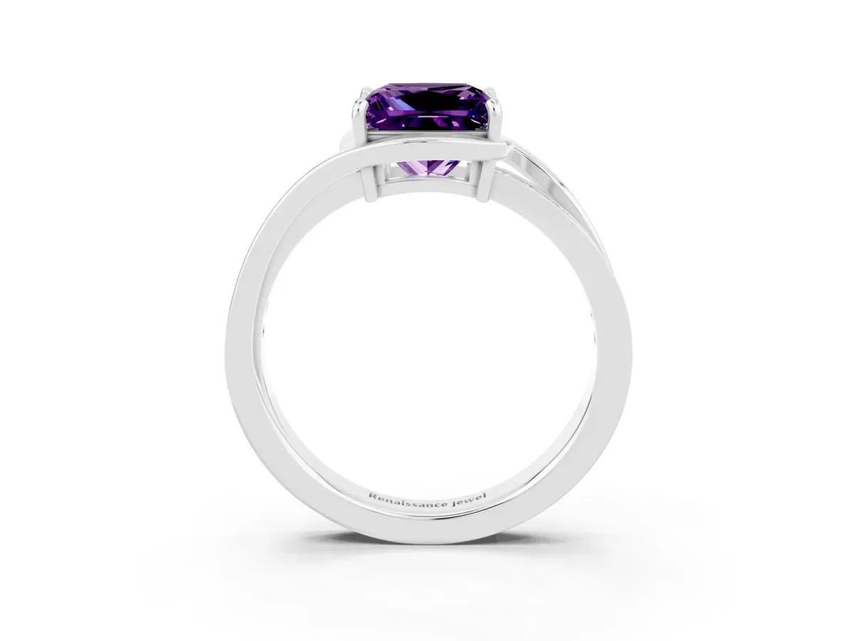 Princess Cut Amethyst Solitaire Ring with Split Shank and Prong Setting Platinum