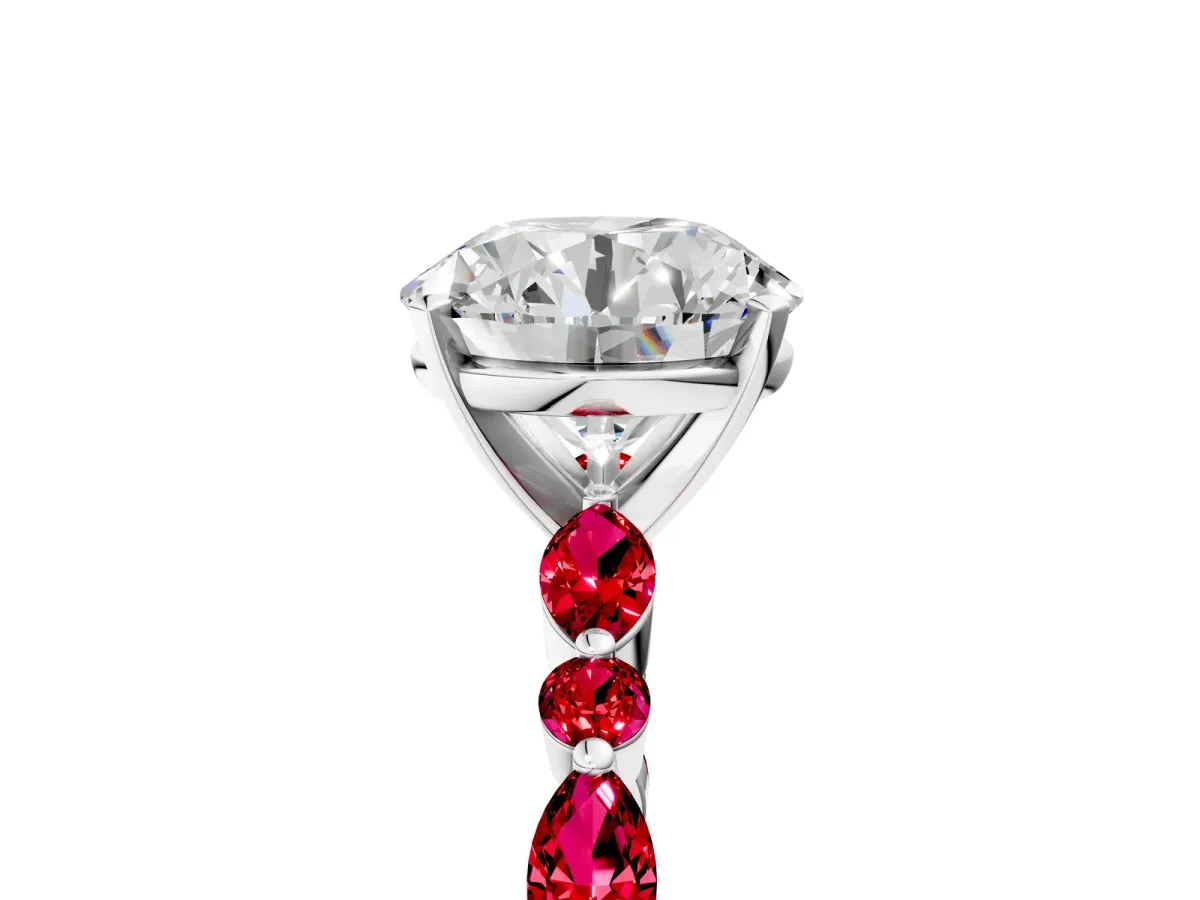 Round Cut Diamond Ring with Marquise and Round Ruby Side Stones and Four-Prong Setting Silver