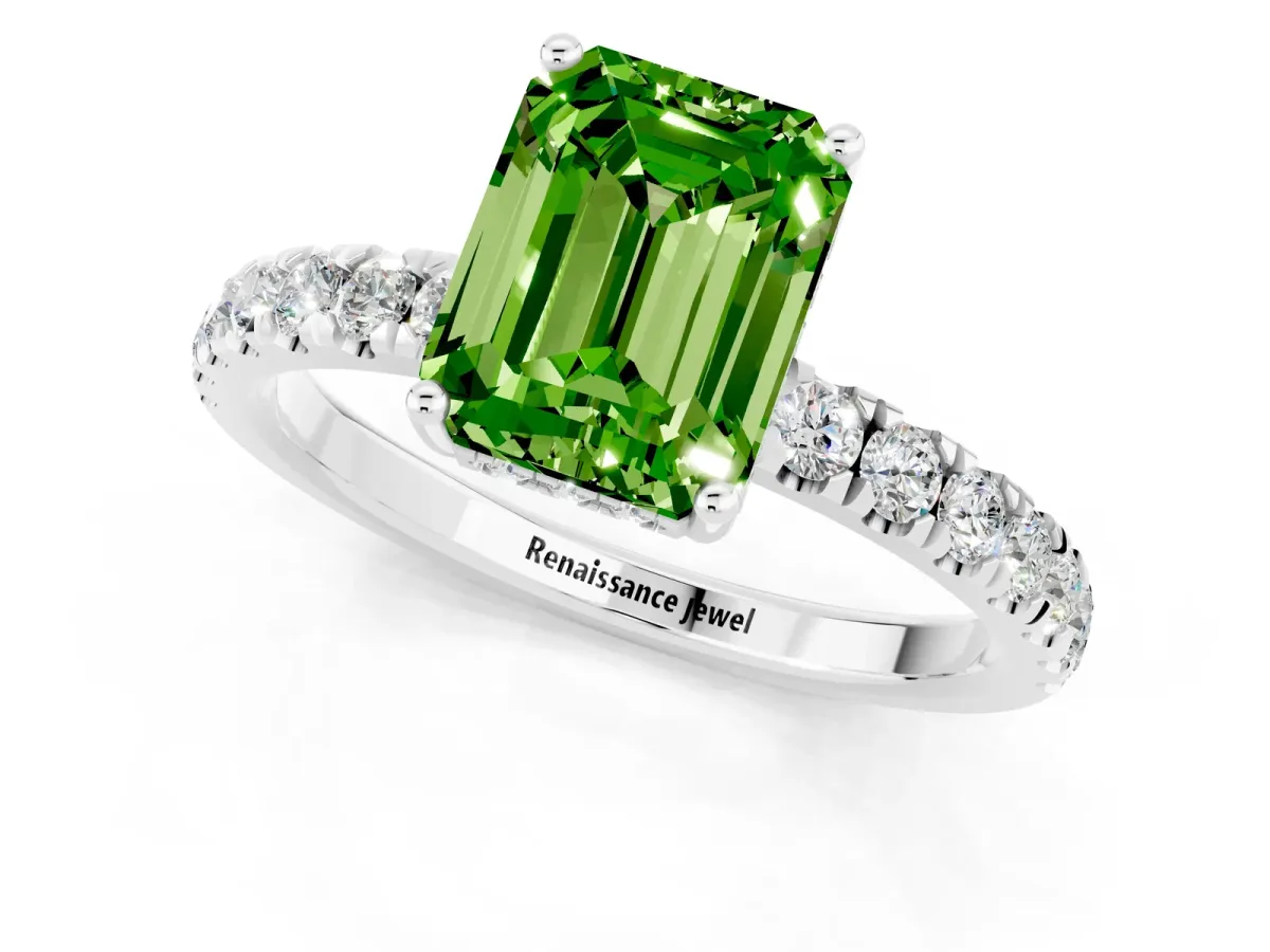 Emerald Cut Peridot Pave Band Solitaire Ring with Round and Prong Setting Silver