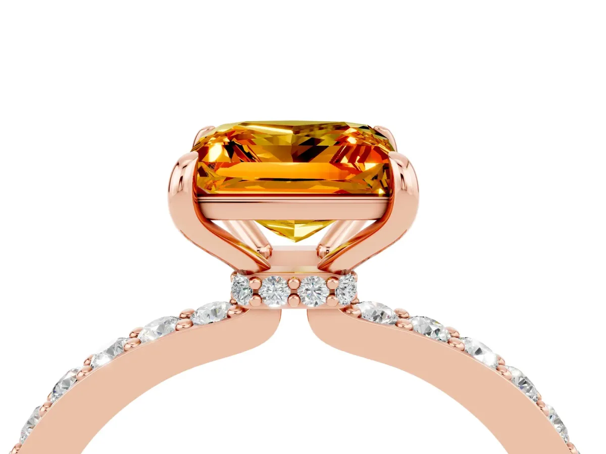 Princess Cut Citrine Solitaire Engagement Ring with Pavé Band and Four-Prong Setting Rose gold