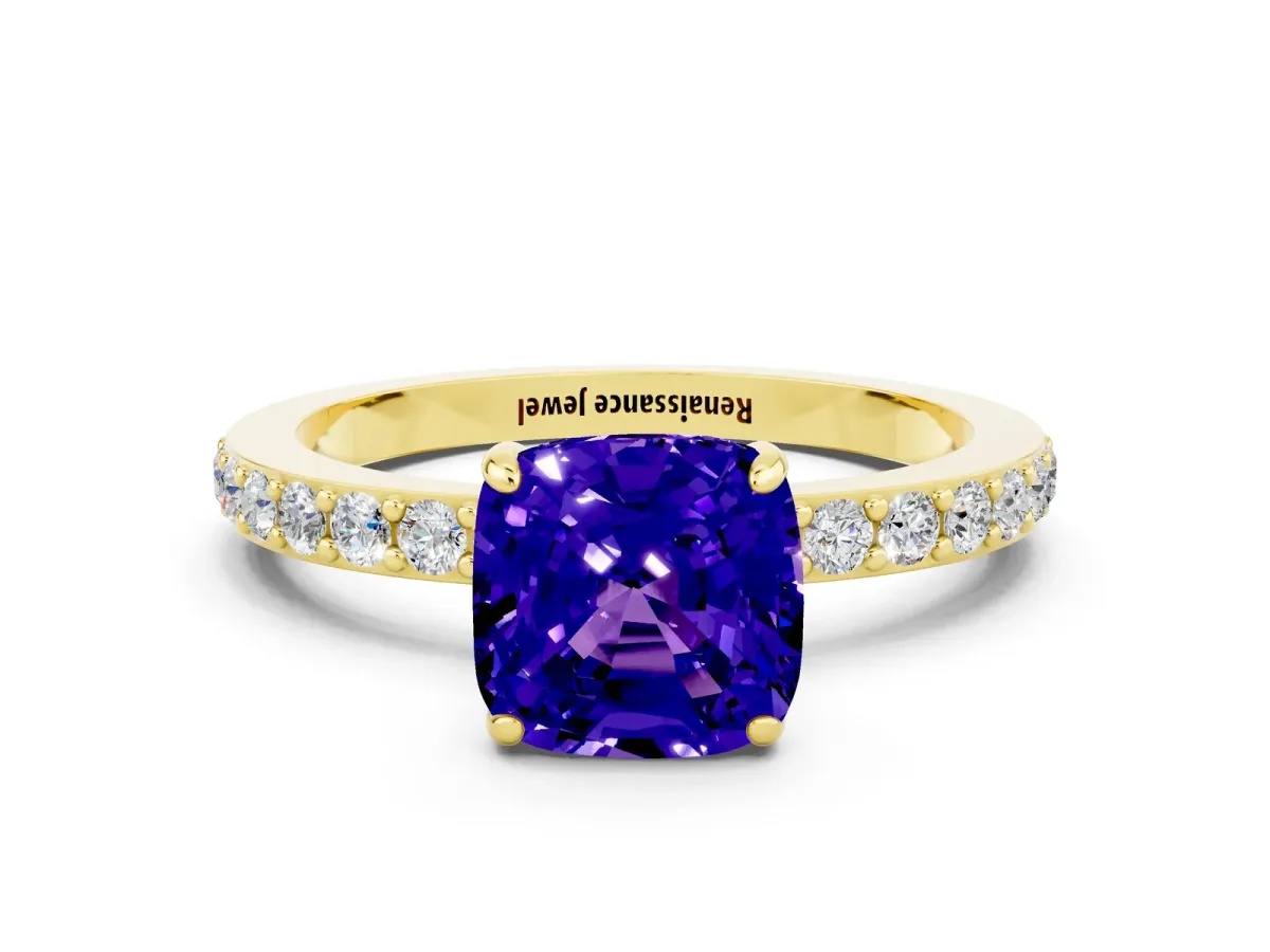 Cushion Cut Tanzanite Solitaire Engagement Ring with Pavé Band and Four-Prong Setting Yellow gold