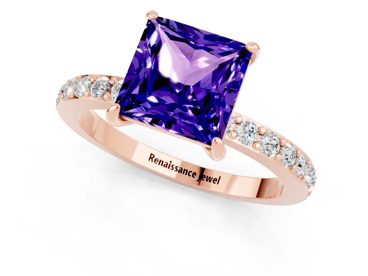 Princess Cut Tanzanite Solitaire Engagement Ring with Pavé Band and Four-Prong Setting Rose gold