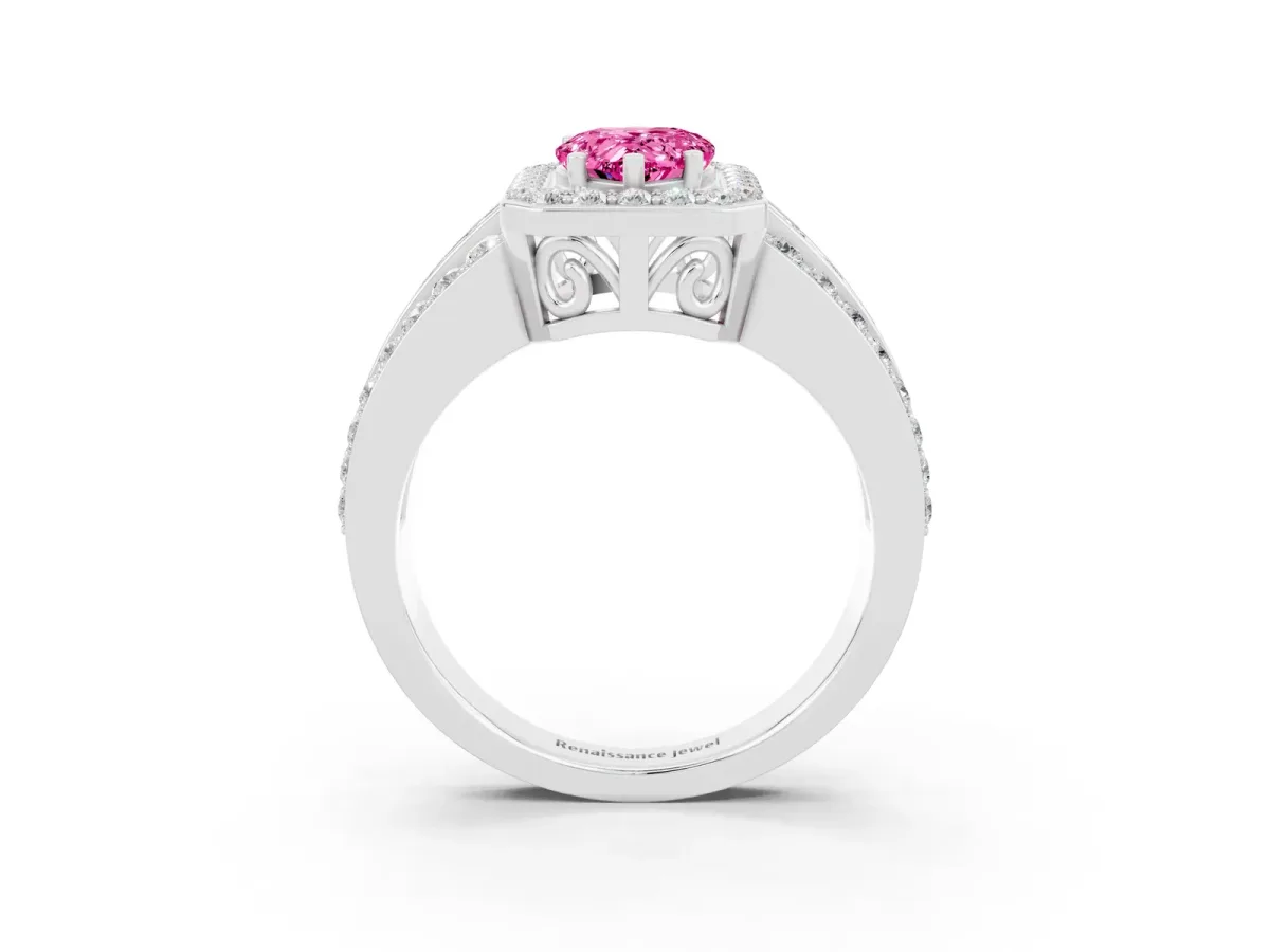 Pear Cut Halo Pink Sapphire Ring with Round Split Shank and Prong Setting Silver