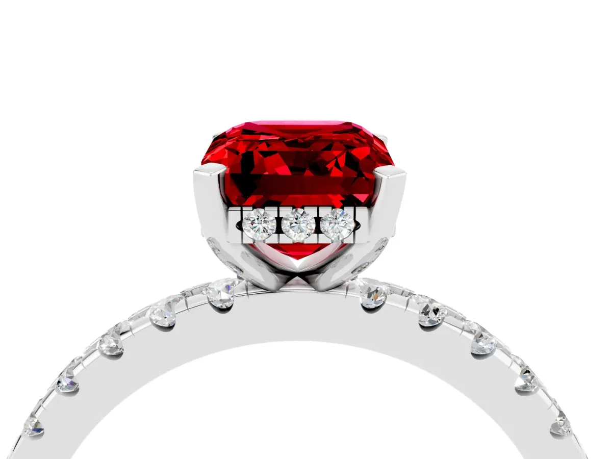 Emerald Cut Ruby Solitaire Ring with Round Pavé Band and Four-Prong Setting White gold