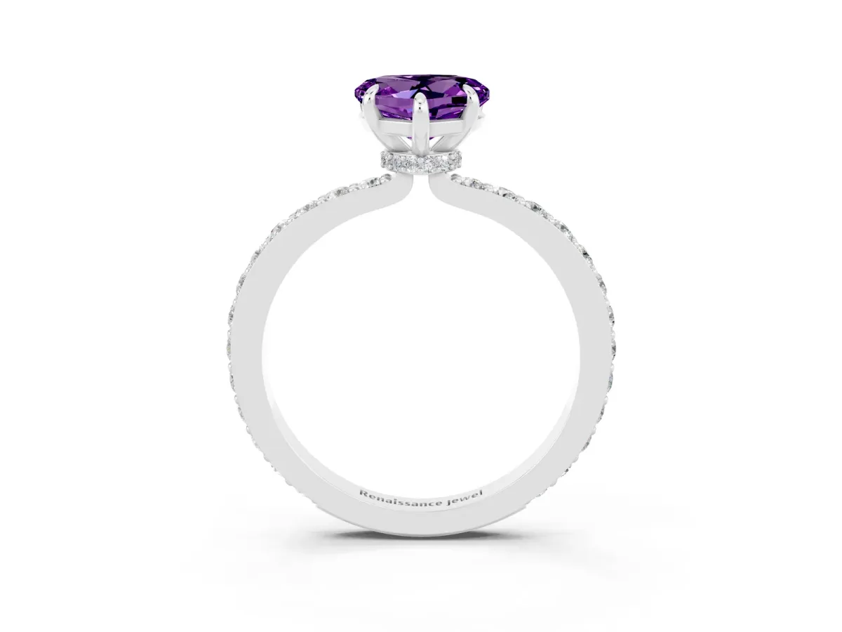 Heart Cut Amethyst Solitaire Engagement Ring with Pavé Band and Four-Prong Setting Platinum