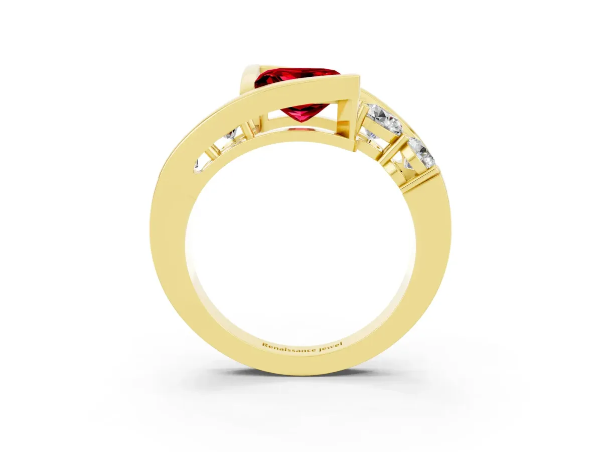 Bezel Set Princess Cut Ruby Bypass Ring with Round Accents Yellow gold