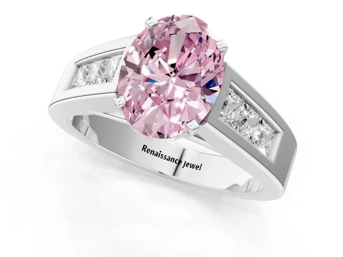 Fancy Pink Oval Cut Cut Channel Set Solitaire Ring with Four-Prong Setting Silver